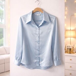 ✨ ZARA Satin Button Up Blouse Chic Spring Workwear Top Size L
